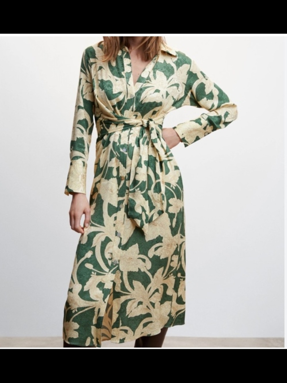 Mango Green and Cream Floral Wrap Dress